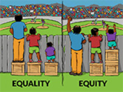 Graphic of equality and equity - people standing on boxes trying to see over a fence.  Click for larger version.