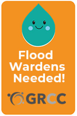 Flood Wardens Needed text, smiling raindrop graphic, and GRCC logo