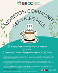 Moreton Community Hub poster - graphic of a cup of tea with heading curved around the top of it   