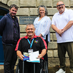 Chris Auker-Howlet, Dan Gale, Barbara Pond, and Tim Gwilliam pictured outside GRCC's Community House in Gloucester