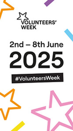 Logo with colourful stars, and text saying Volunteers Week 2nd - 8th June 2025 #VolunteersWeek