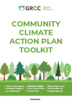 Cover photo of GRCC Community Climate Action Plan Toolkit - green design with a row of trees and bushes under the text