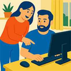 Colourful image of a woman and a man at a computer
