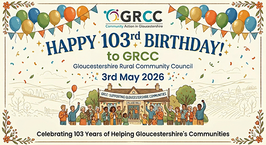 Happy 103rd Birthday GRCC birthday card, featuring a cartoon drawing of villagers outside a village hall with a banner and balloons