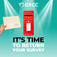Image of a letter being posted into a postbox with the text  "GRCC.  It's time to return your survey."